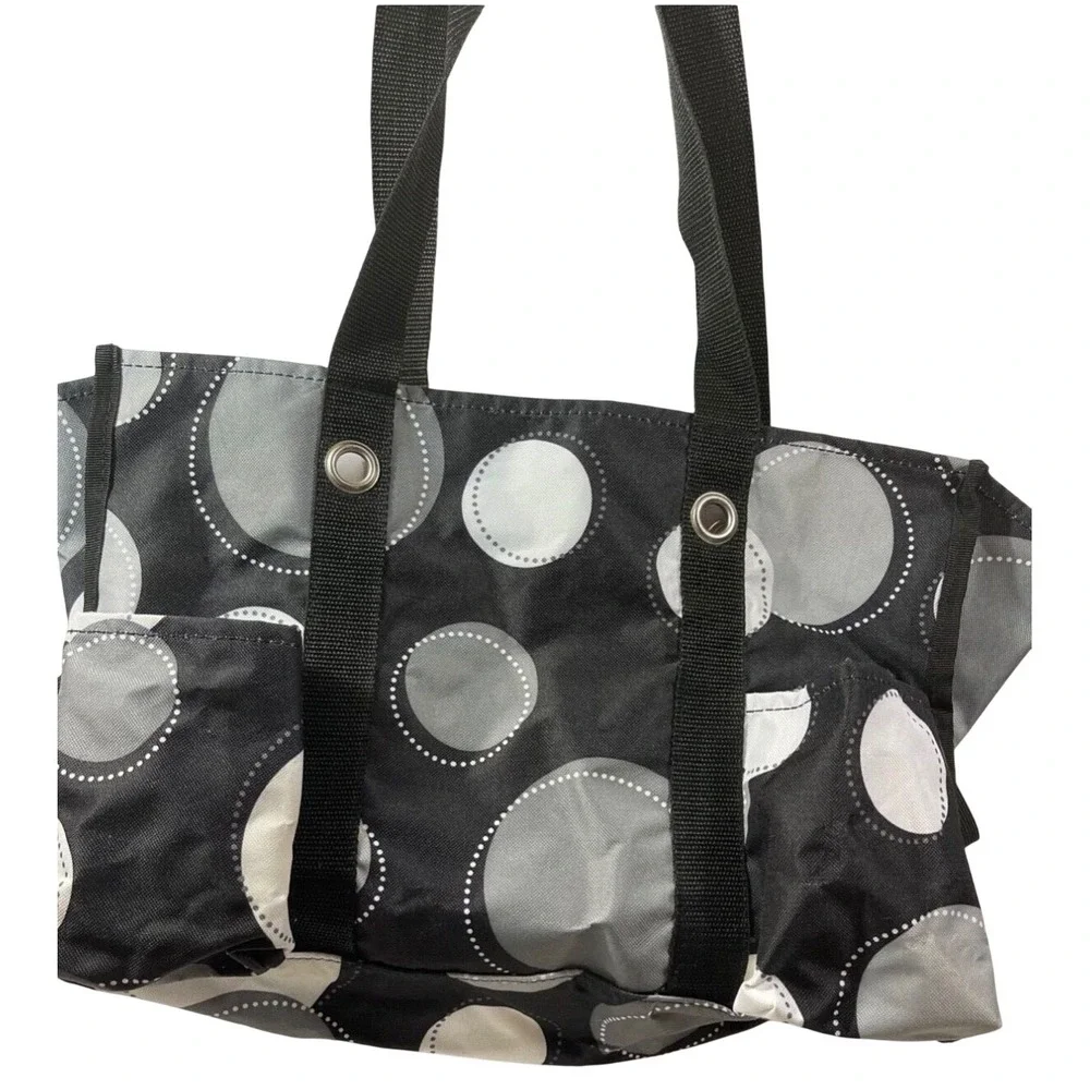 Thirty-One Zip-Top Utility Tote Black Grey Polka Dot Organizing Bag Pockets